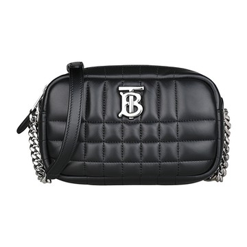 BURBERRY 巴寶莉  LOLA銀字金屬LOGO絎縫羔羊皮拉鍊斜背包(迷你/黑)
