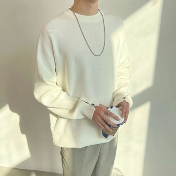【秋冬毛衣】慵懶風毛衣男白色高級感內搭圓領線衣潮牌手袖開叉鈕釦針織打底衫