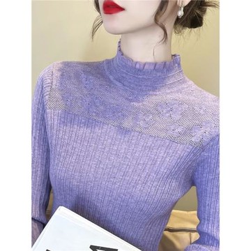 2025春裝新款洋氣甜美打底衫女毛衣半高領修身蕾絲內搭針織衫上衣