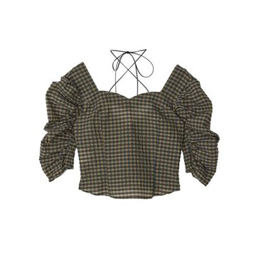 星野家日單 torowee 25新款 復古風小格紋泡泡袖系帶襯衫