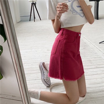 夏季高腰顯瘦辣妹牛仔裙子小個子A字半身裙女薄款開叉包臀小短裙