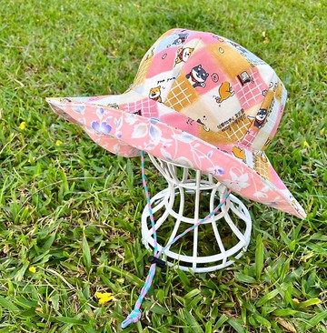 樂福手作雙面漁夫帽-粉卡其方格柴犬