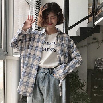 格子藍色襯衫女設計感小眾襯衣春款年新款時尚寬松上衣外套潮