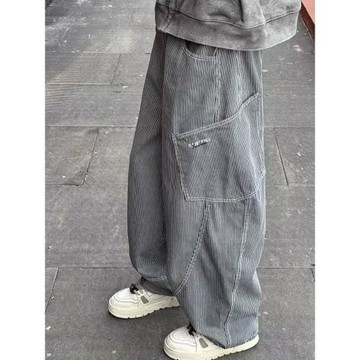 美式復古條紋彎刀牛仔褲男女寬松闊腿大口袋工裝褲子直筒香蕉長褲