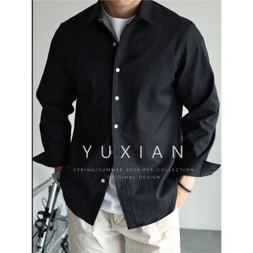 YUXIAN日系酵素洗口袋工裝抗皺襯衫男士休閑寬松翻領長袖襯衣春秋