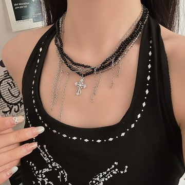 【台灣公司 可打統編】免運 甜酷多層水晶珍珠串珠項鏈女輕奢小眾纏繞流蘇鑲鉆十字架鎖骨頸鏈 可開發票 全館五折 工廠現貨直銷 新品特價 z9211