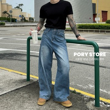 【PORY STORE】 韓系街頭水洗彎刀褲 落地褲 復古 寬鬆 男生 寬褲 百搭 牛仔 長褲 男女可穿 實拍 男生長褲