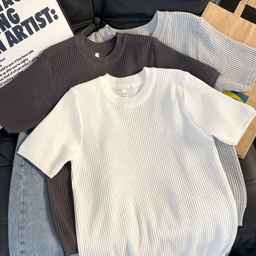 輕熟韓版簡約夏季條紋肌理短袖男 圓領素色t恤男