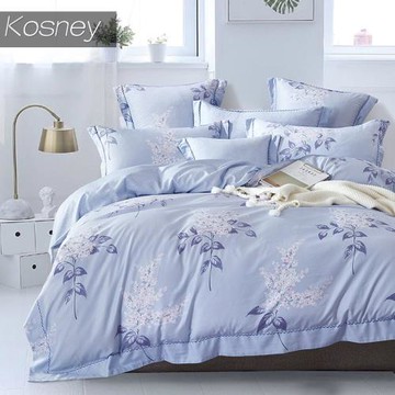 KOSNEY  夏日庭榭藍  吸濕排汗萊賽爾天絲特大兩用被床包組床包高度約35公分