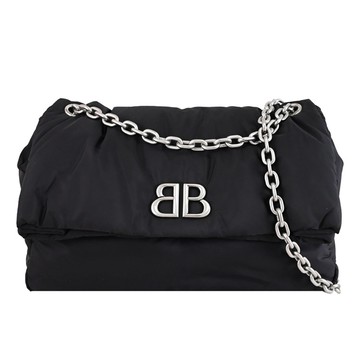 BALENCIAGA 巴黎世家 765945 MONACO BB LOGO尼龍翻蓋大容量鍊包.黑