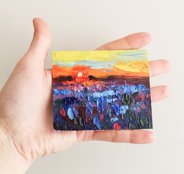 Bluebonnet 繪畫 日落 Original Art Impasto 油畫 風景 Verafe