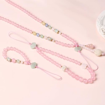 手機鏈掛件繩中國風粉水晶葫蘆玉髓掛脖手機鏈短款手腕繩復古菩提