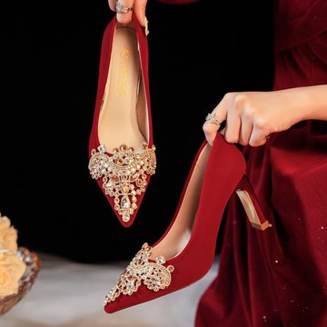 中式絕美結婚鞋女禾秀婚紗兩穿新娘紅色高跟鞋2026新款水鉆禮服鞋
