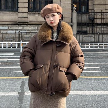 棉衣女翻領大毛領短款加厚保暖24冬季新款寬松外套面包服韓版棉服