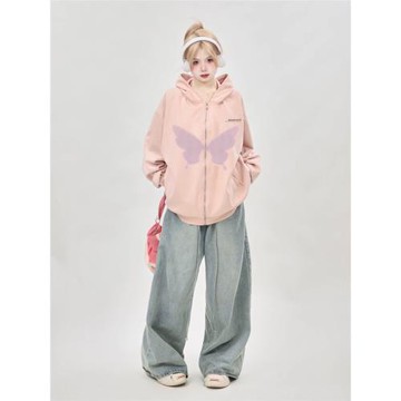 寬松蝴蝶印花開衫外套連帽衛衣