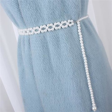 裙子腰帶女裝飾珍珠腰鏈細鏈條編織串珠流蘇連衣裙襯衫配飾彈力