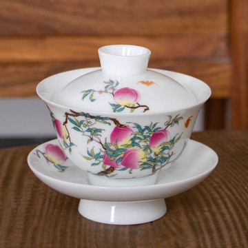壽桃紋仿古三才蓋碗茶杯單個功夫茶具甜白瓷手抓泡茶碗不燙手高檔