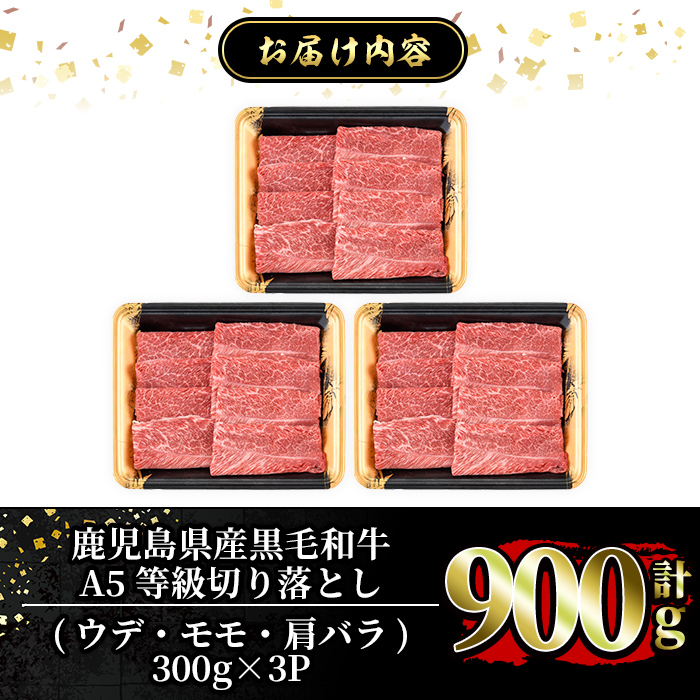 a856 ≪A5等級≫鹿児島県産黒毛和牛切り落とし計900g(300g×3P)姶良市 国産 牛肉 切り落とし