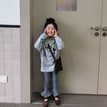 Mimo⭐女童灰色喇叭褲春秋可愛兒童彈力修身褲子中小童休閒褲