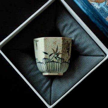 拓土青花火石紅描金陶瓷茶杯家用純手繪竹影高檔主人杯個人品茗杯