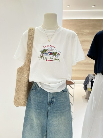 夏季韓系百搭卡通度假椰子樹印花寬鬆顯瘦短袖打底衫T卹女上衣