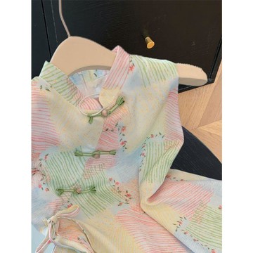 絕美新中式彩色印花盤扣無袖襯衫女夏季絕美氣質立領綁帶收腰上衣