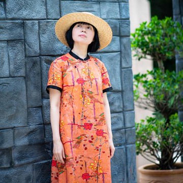 初心時集 生如夏花 原創中式改良亞麻印花短袖長款旗寬松袍子斜襟