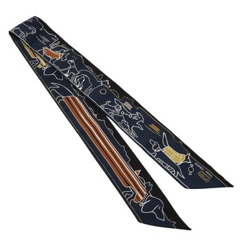HERMES 愛馬仕 Les Chiens Parisiens Twilly 絲巾 藍/黑色 絲綢 【二手名牌BRAND OFF】