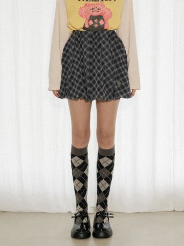 Check Chiffon Balloon Mini Skirt [Black]