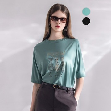 【MEDUSA】冰絲感嫘縈小貓切接落肩T恤 - 2色(M-XL) | 短袖T恤