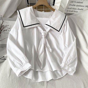 海軍領白色長袖襯衫女新款寬松學院風設計感小眾襯衣潮