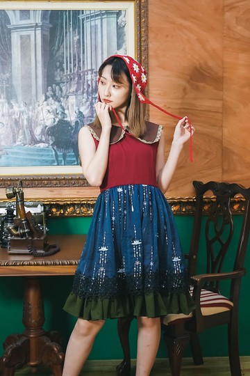 馬克的森林探險  竹節棉拼接刺繡雪紡復古無袖洋裝