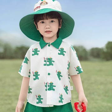 TONGMO - 純棉撞色翻領短袖襯衫-童趣卡通-綠色