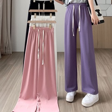 La Belleza素色鬆緊腰粗抽繩薄料垂墬感高腰坑條落地闊腿褲軟料寬褲