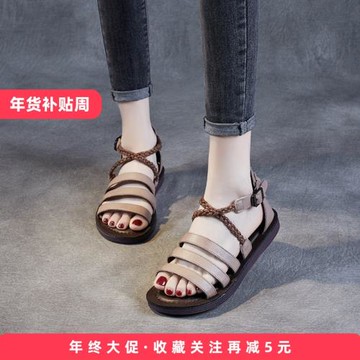 2026年夏季森女鞋女露趾包跟涼鞋外穿真皮復古軟底防滑搭扣羅馬鞋