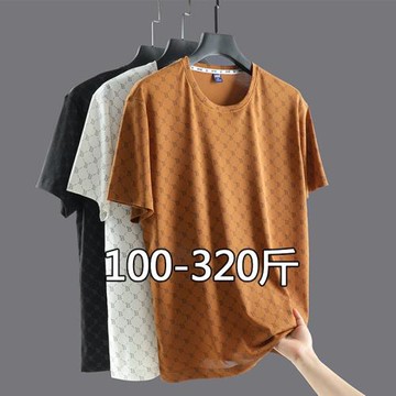 大碼300斤夏季男士胖子半袖體恤加肥加大碼老花寬松冰絲短袖T恤男