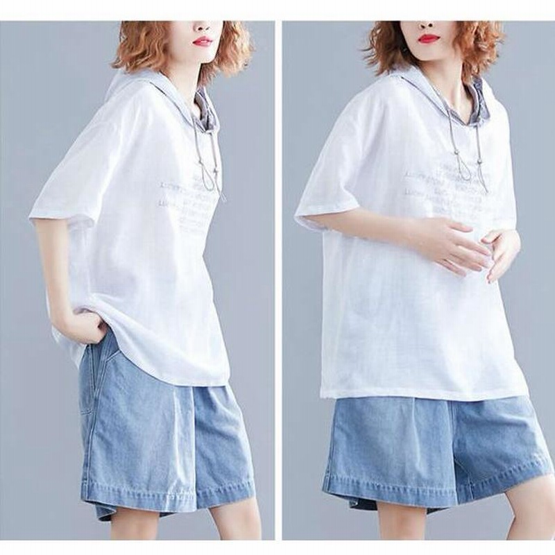 パーカー Tシャツ レディース スウェットパーカー フード付き レディース 半袖tシャツ ゆったり フードトレーナー 夏服 ストリート系 カットソー 大きいサイズ パーカー Tシャツ レディース スウェットパーカー フード付き