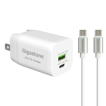 GIGASTONE 立達 PD-6330W + CC-7600W快充組 USB-C to USB-C傳輸線 + 電源供應器32.8 x 31.8 x 61.2mm 58g  PD-6330W + CC-7600W  1組  白色