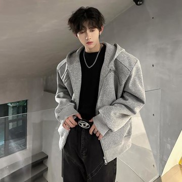 秋裝重磅開衫連帽墊肩衛衣男休閑運動痞帥高街上衣高級感夾克外套
