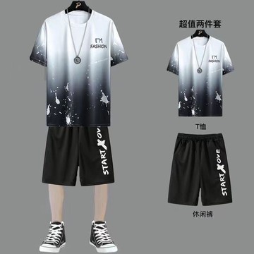 ✨新品熱銷✨大尺碼套裝男 短袖套裝 休閒套裝男 t恤夏季短袖運動服冰絲紮染寬鬆薄款速幹短褲跑步大碼套裝網眼男40