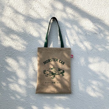 大地色 - 怪獸車皮革手提袋 / 絹印帆布袋
