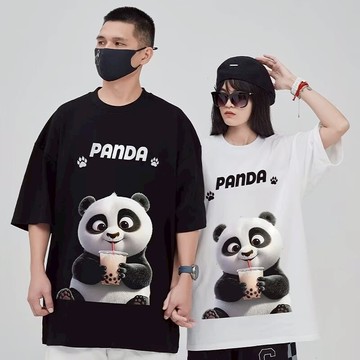M-8XL 潮牌熊貓印花短T 日系 寬鬆 短袖T恤 情侶t 大尺碼 印花t 五分袖 短袖男 男t 男生T恤（D2096）
