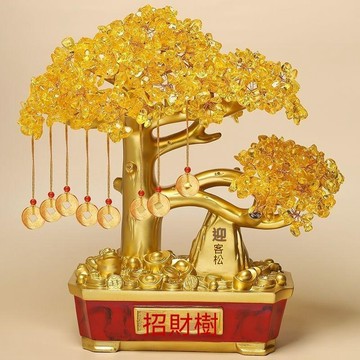 🙏🏻紫南宮過爐 開光🔥黃水晶發財樹聚寶盆裝飾品客廳擺件工藝招財開業禮品玄關酒櫃書房 BCZA