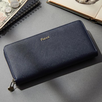 【FOCUS】真皮RFID防盜多功能8卡拉鍊零錢袋長夾_十字紋藍 (FIC3698)