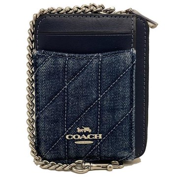 【COACH】牛仔布絎縫菱格紋鏈帶名片卡夾鏈帶零錢包(藍)