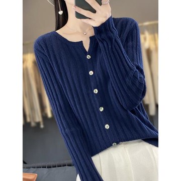 秋冬季新款女士低V領毛衣修身百搭針織羊毛開衫外搭韓版長袖外套