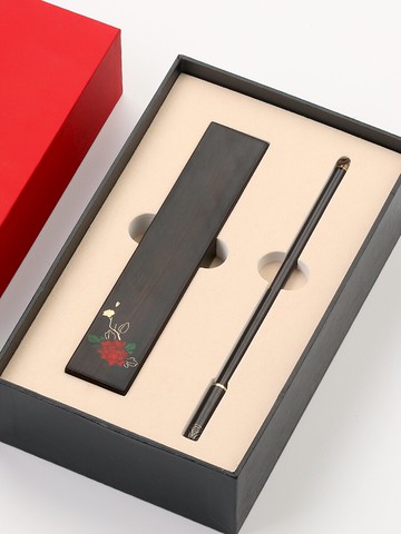 紅木嵌黃銅書法鎮紙壓條 實木質鎮尺擺件 黑檀木毛筆文房文鎮書畫工具用品套裝定制刻字 清倉