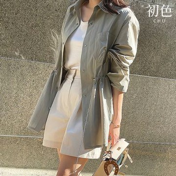 初色 簡約寬鬆輕薄開岔下擺排釦收腰翻領長袖風衣襯衫外套女外套-共3色-16094(F可選)