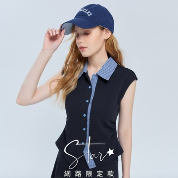 【追加到貨】STAR 撞色格紋拼接空氣布襯衫領抽皺修身上衣