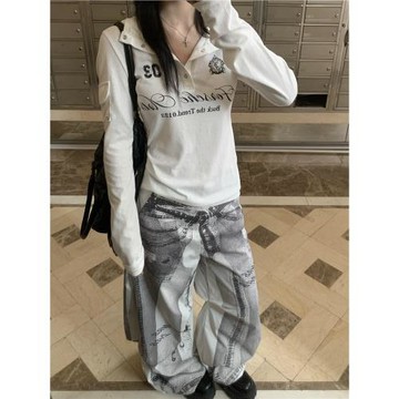 美式韓系半開領白色微透長袖t恤女夏季薄款曬罩衫哥特風辣妹上衣